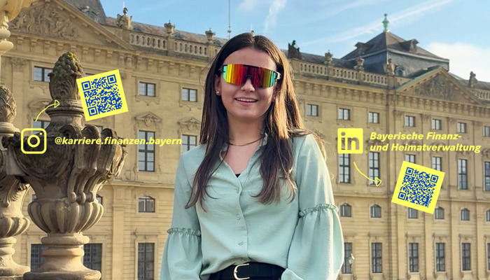 Eine junge Frau mit Sonnenbrille, im Hintergrund ein historisches Gebäude